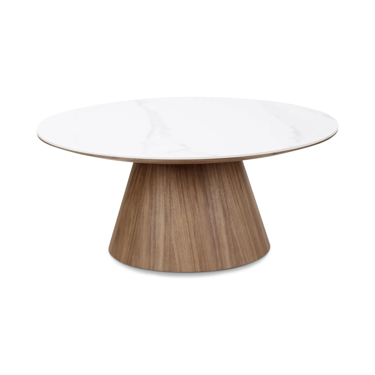 Couchtisch CLARICE Keramik weiß, Holzbein Nussbaum 90x90 cm - ZEN ZONE Furniture