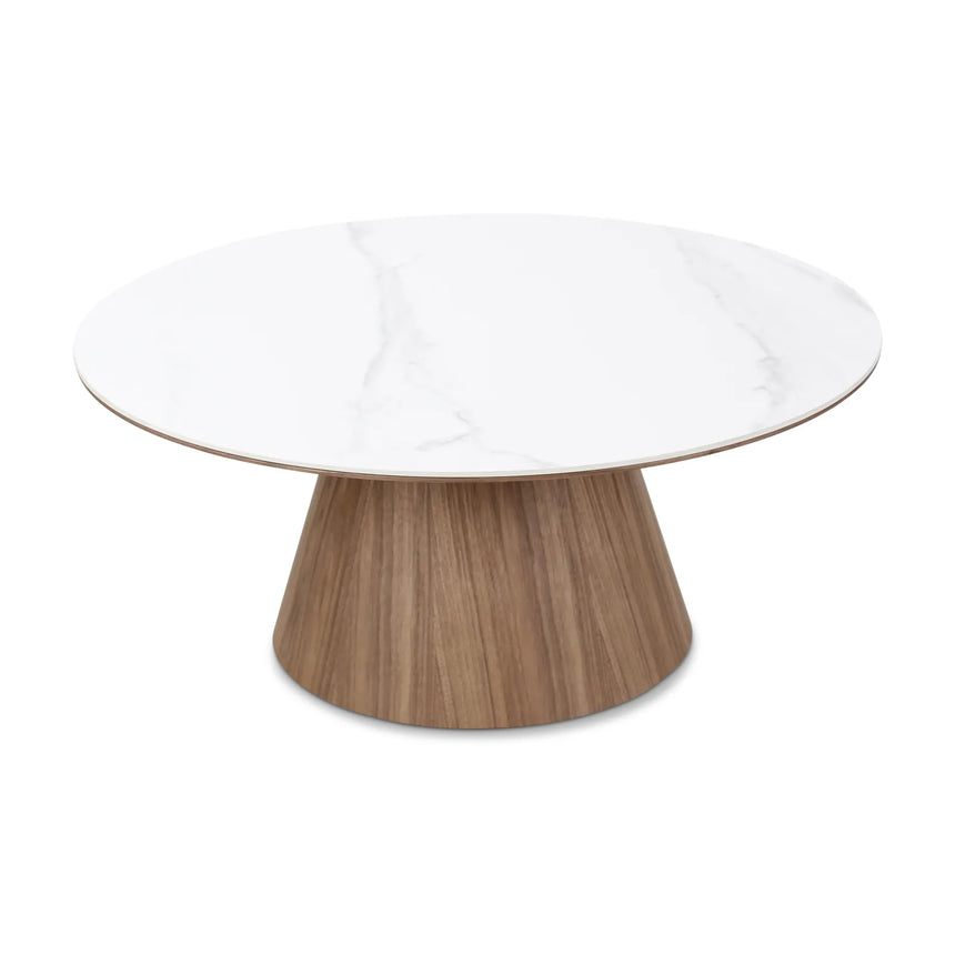 Couchtisch CLARICE Keramik weiß, Holzbein Nussbaum 90x90 cm - ZEN ZONE Furniture