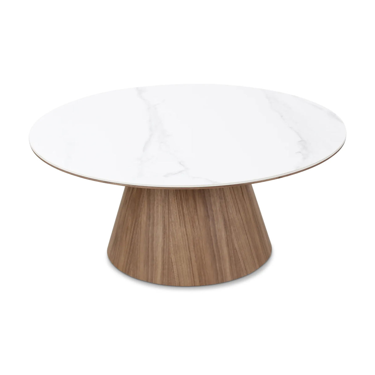 Couchtisch CLARICE Keramik weiß, Holzbein Nussbaum 90x90 cm - ZEN ZONE Furniture