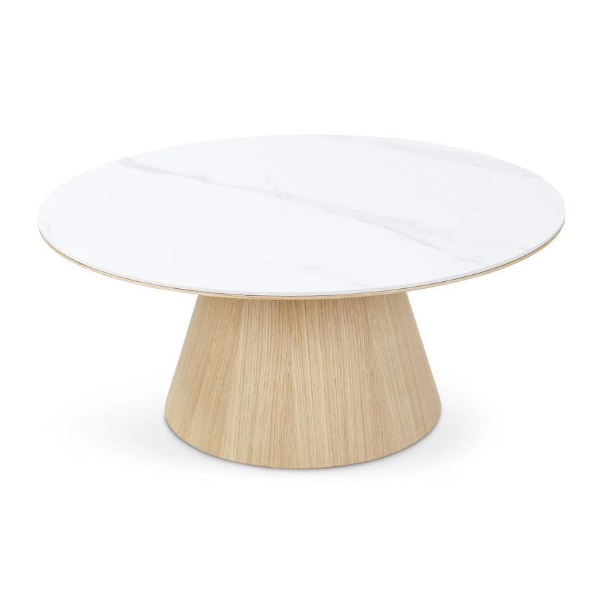 Couchtisch CLARICE Keramik Weiß, Holzbein Eiche Natur 90x90 cm - ZEN ZONE Furniture