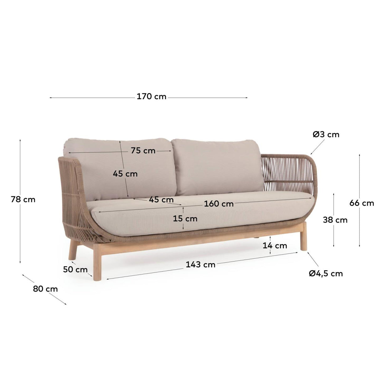 Catalina 3-Sitzer Sofa aus beigem Seil und massivem Akazienholz 170 cm 100% FSC - ZEN ZONE Furniture