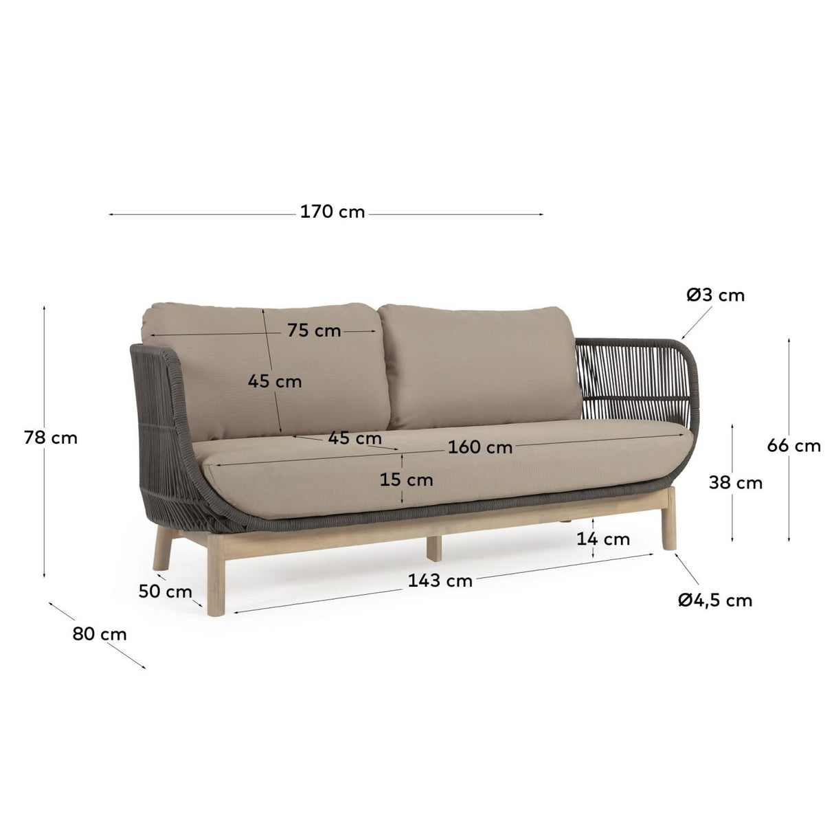 Catalina 3-Sitzer Sofa aus grünem Seil und massivem Akazienholz 170 cm 100% FSC - ZEN ZONE Furniture