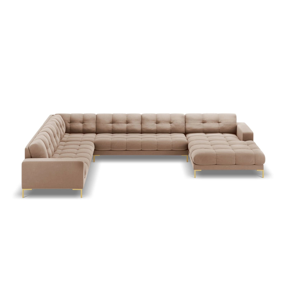 Bali 7-Sitzer Panorama Ecksofa, Linke Seite, aus Samt in Beige (Bluvel 28), Beine aus Goldmetall, 327x256x75 cm von Cosmopolitan Design – Bild 3