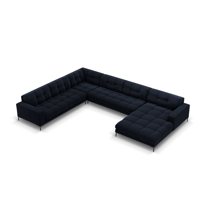 Bali 7-Sitzer Panorama Ecksofa, Linke Seite, aus Samt in Dunkelblau (Bluvel 89), Beine aus Schwarzes Metall, 327x256x75 cm von Cosmopolitan Design – Bild 1
