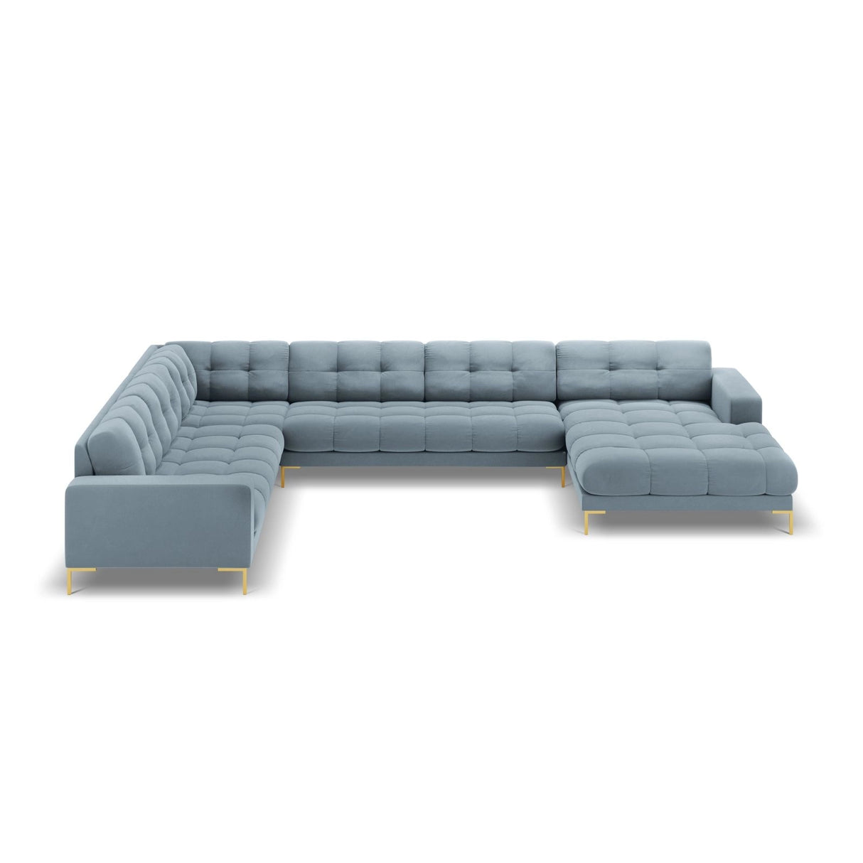Bali 7-Sitzer Panorama Ecksofa, Linke Seite, aus Samt in Hellblau (Bluvel 06), Beine aus Goldmetall, 327x256x75 cm von Cosmopolitan Design – Bild 3