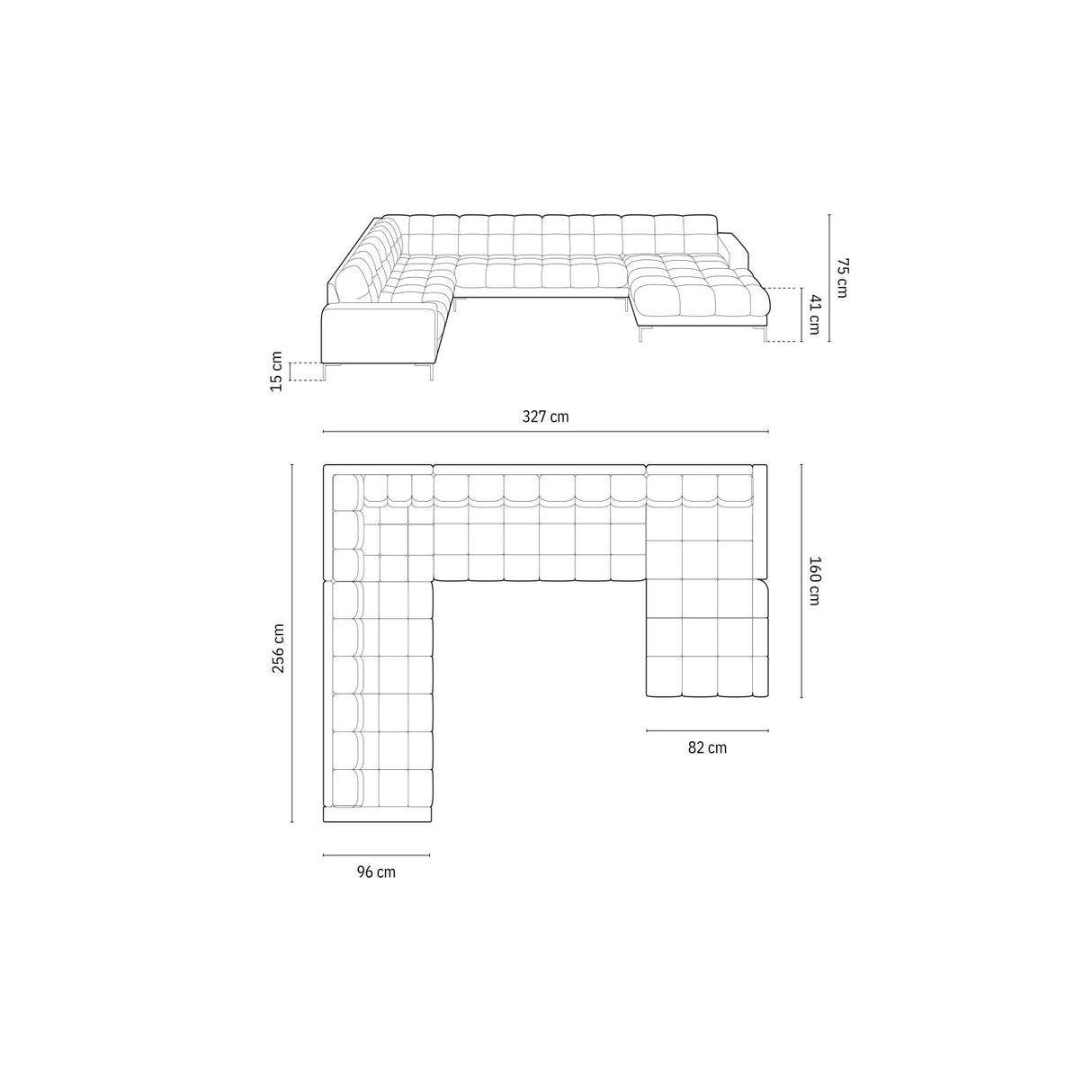 Bali 7-Sitzer Panorama Ecksofa, Linke Seite, aus Samt in Hellgrau (Bluvel 13), Beine aus Goldmetall, 327x256x75 cm von Cosmopolitan Design – Bild 2