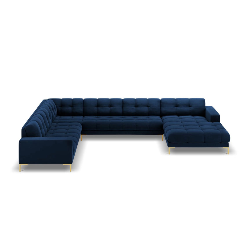 Bali 7-Sitzer Panorama Ecksofa, Linke Seite, aus Samt in Königsblau (Bluvel 86), Beine aus Goldmetall, 327x256x75 cm von Cosmopolitan Design – Bild 3