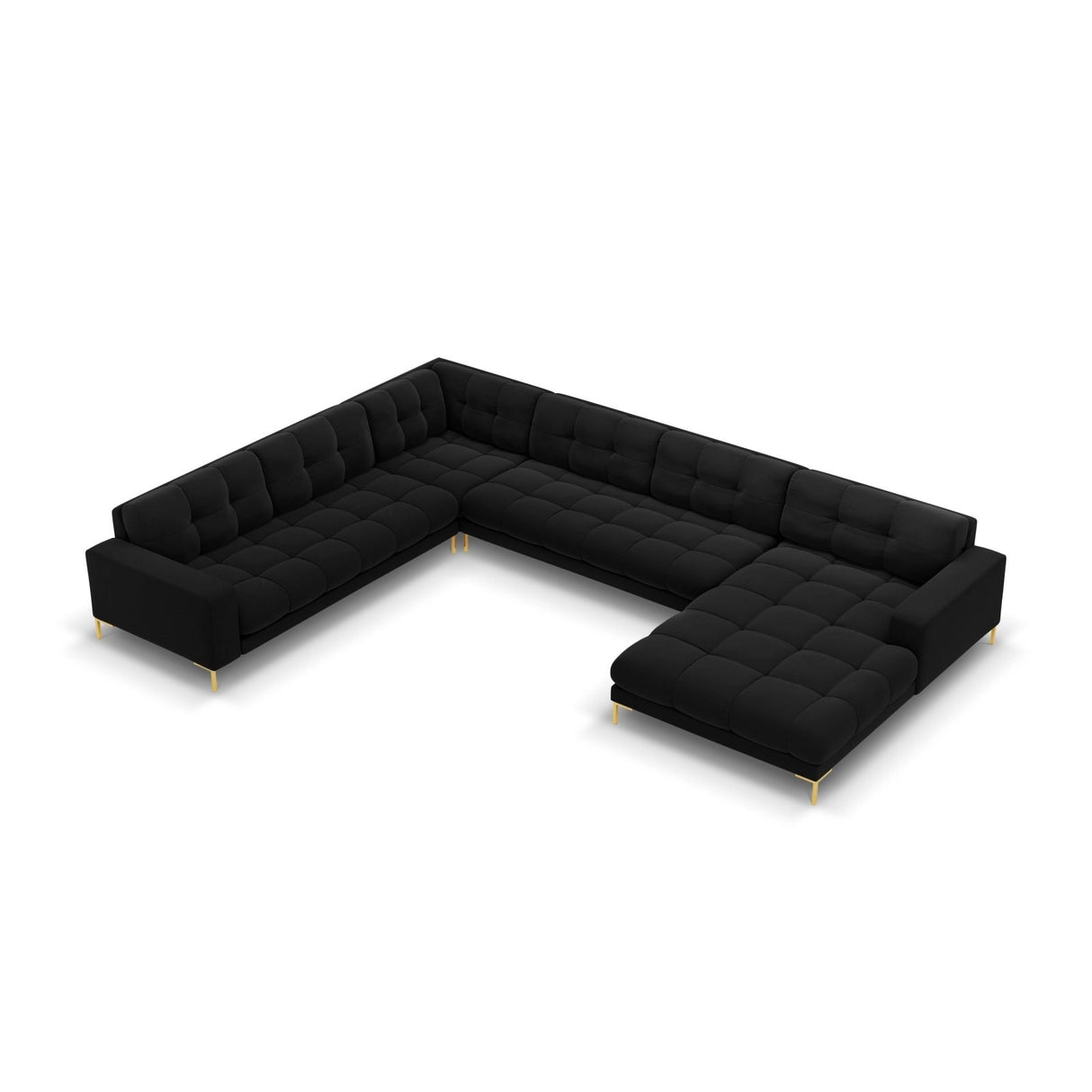 Bali 7-Sitzer Panorama Ecksofa, Linke Seite, aus Samt in Schwarz (Bluvel 19), Beine aus Goldmetall, 327x256x75 cm von Cosmopolitan Design – Bild 1