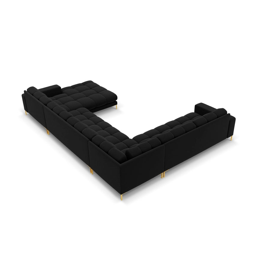 Bali 7-Sitzer Panorama Ecksofa, Linke Seite, aus Samt in Schwarz (Bluvel 19), Beine aus Goldmetall, 327x256x75 cm von Cosmopolitan Design – Bild 4