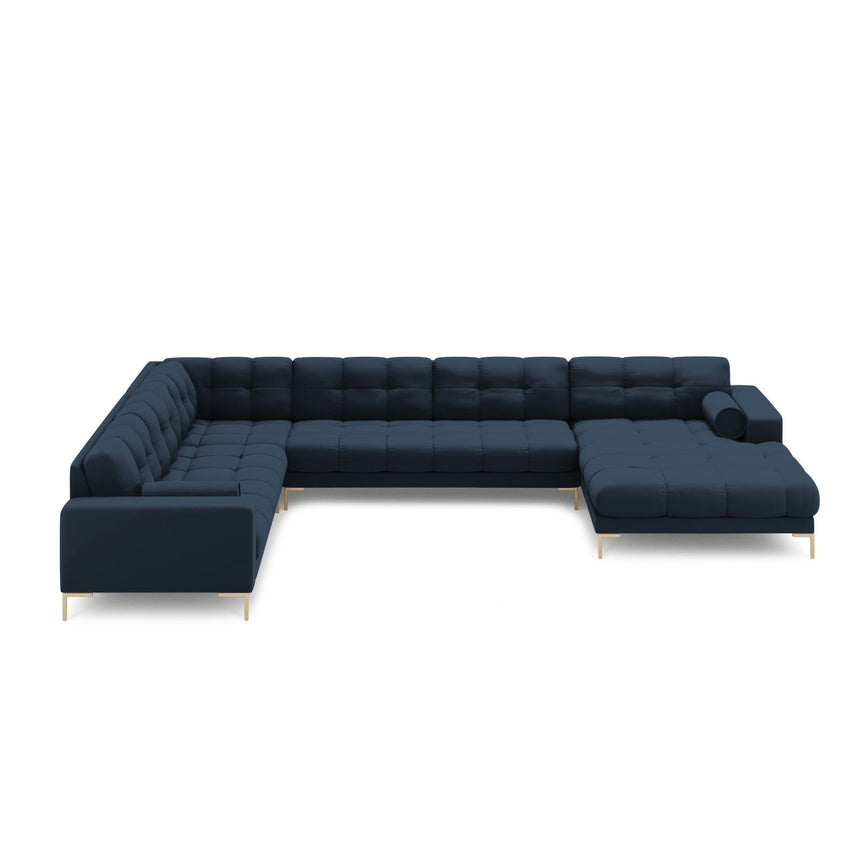 Bali 7-Sitzer Panorama Ecksofa, Linke Seite, aus Strukturierter Stoff in Blau (Neve 77), Beine aus Goldmetall, 327x256x75 cm von Cosmopolitan Design – Bild 3