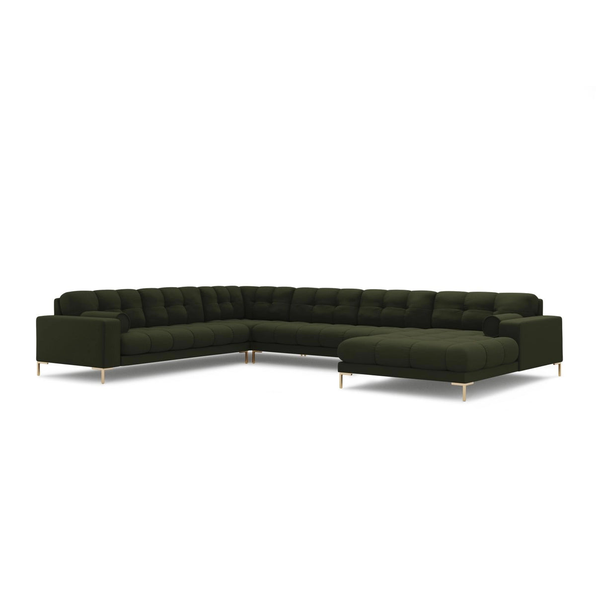 Bali 7-Sitzer Panorama Ecksofa, Linke Seite, aus Strukturierter Stoff in Grün (Neve 39), Beine aus Goldmetall, 327x256x75 cm von Cosmopolitan Design – Bild 4