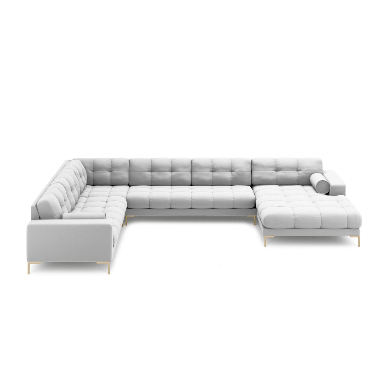 Bali 7-Sitzer Panorama Ecksofa, Linke Seite, aus Strukturierter Stoff in Hellgrau (Neve 80), Beine aus Goldmetall, 327x256x75 cm von Cosmopolitan Design – Bild 3