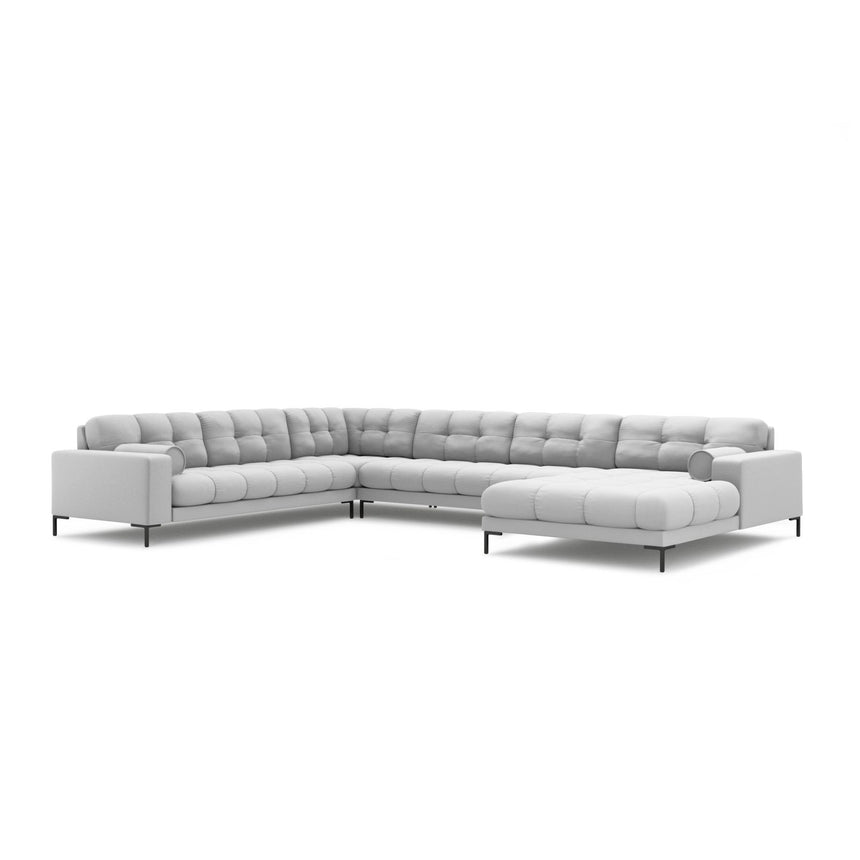Bali 7-Sitzer Panorama Ecksofa, Linke Seite, aus Strukturierter Stoff in Hellgrau (Neve 80), Beine aus Schwarzes Metall, 327x256x75 cm von Cosmopolitan Design – Bild 4