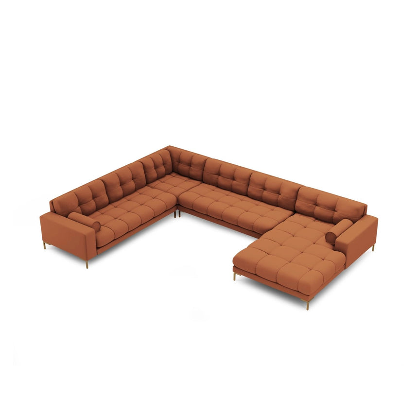 Bali 7-Sitzer Panorama Ecksofa, Linke Seite, aus Strukturierter Stoff in Ziegelstein (Neve 52), Beine aus Goldmetall, 327x256x75 cm von Cosmopolitan Design – Bild 1