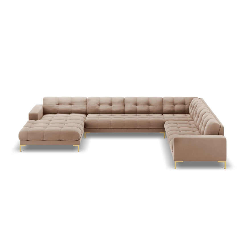 Bali 7-Sitzer Panorama Ecksofa, Rechte Seite, aus Samt in Beige (Bluvel 28), Beine aus Goldmetall, 327x256x75 cm von Cosmopolitan Design – Bild 3