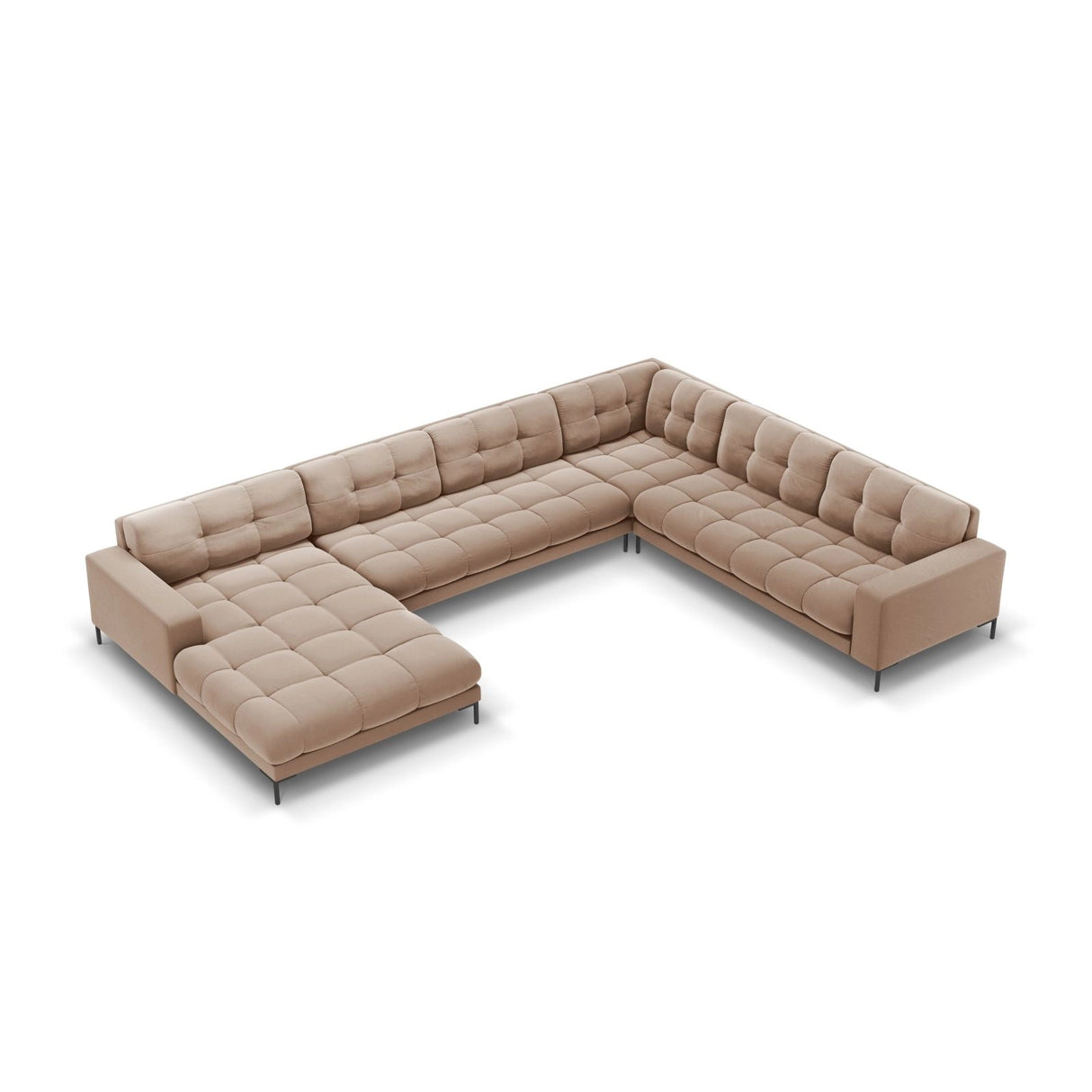 Bali 7-Sitzer Panorama Ecksofa, Rechte Seite, aus Samt in Beige (Bluvel 28), Beine aus Schwarzes Metall, 327x256x75 cm von Cosmopolitan Design – Bild 1