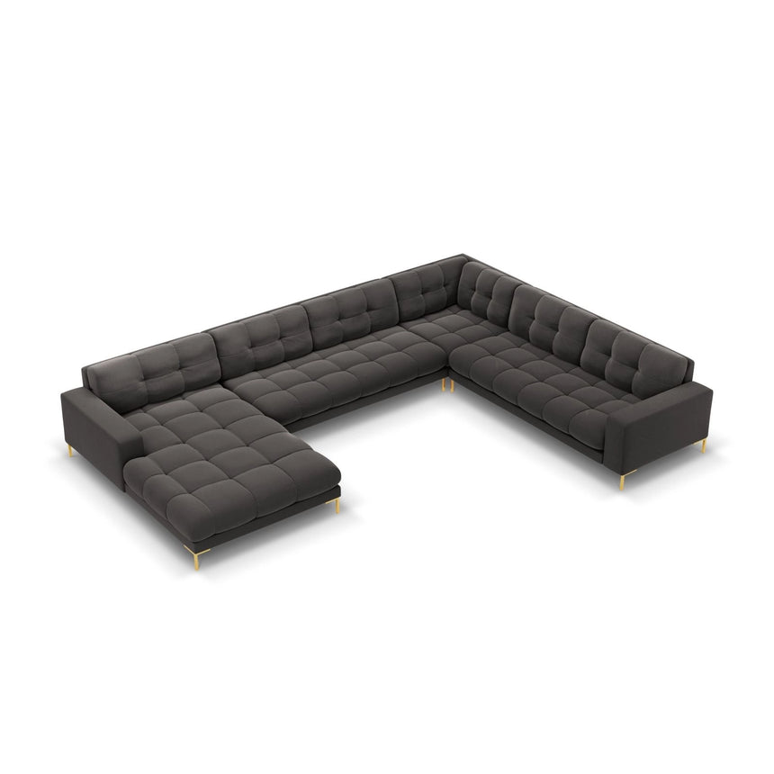Bali 7-Sitzer Panorama Ecksofa, Rechte Seite, aus Samt in Dunkelgrau (Bluvel 18), Beine aus Goldmetall, 327x256x75 cm von Cosmopolitan Design – Bild 1