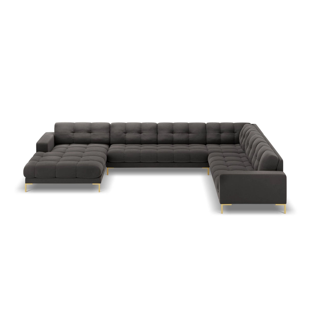 Bali 7-Sitzer Panorama Ecksofa, Rechte Seite, aus Samt in Dunkelgrau (Bluvel 18), Beine aus Goldmetall, 327x256x75 cm von Cosmopolitan Design – Bild 3