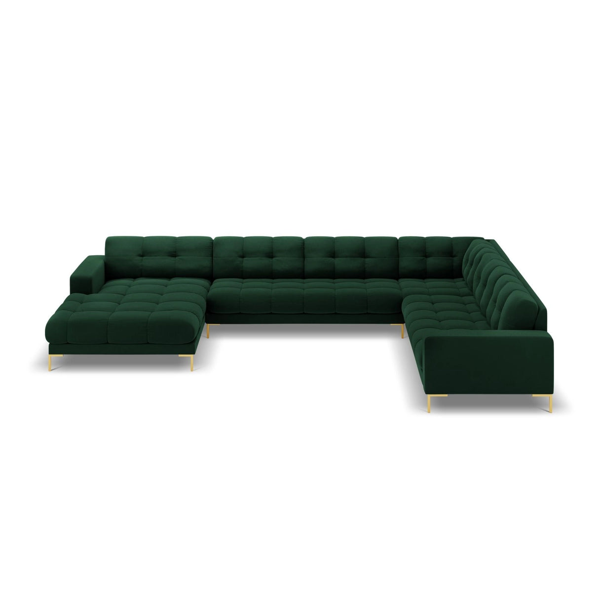 Bali 7-Sitzer Panorama Ecksofa, Rechte Seite, aus Samt in Flaschengrün (Bluvel 78), Beine aus Goldmetall, 327x256x75 cm von Cosmopolitan Design – Bild 3