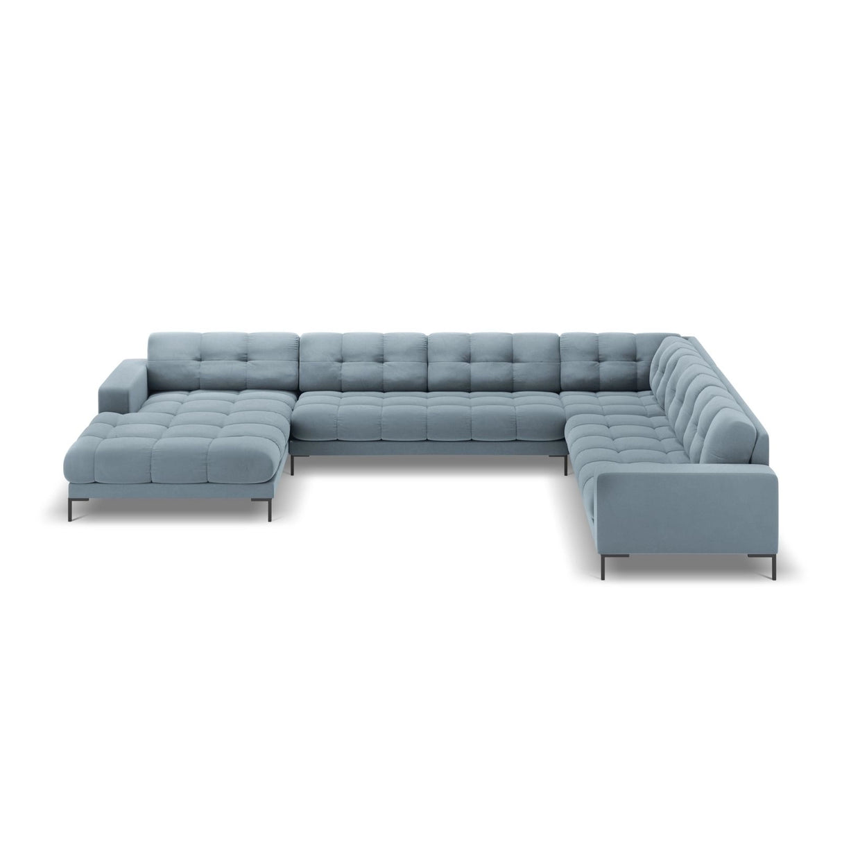 Bali 7-Sitzer Panorama Ecksofa, Rechte Seite, aus Samt in Hellblau (Bluvel 06), Beine aus Schwarzes Metall, 327x256x75 cm von Cosmopolitan Design – Bild 3