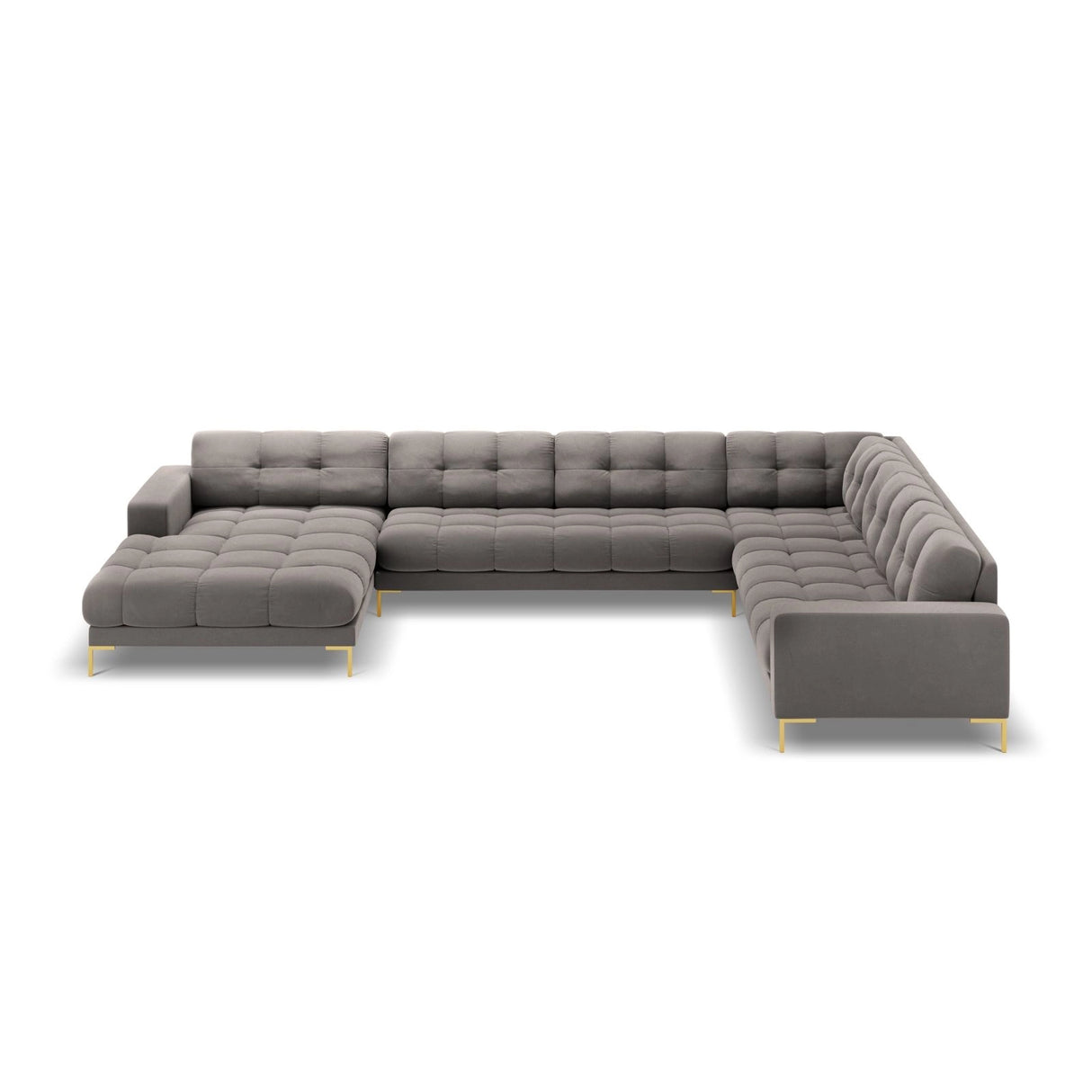 Bali 7-Sitzer Panorama Ecksofa, Rechte Seite, aus Samt in Hellgrau (Bluvel 13), Beine aus Goldmetall, 327x256x75 cm von Cosmopolitan Design – Bild 3