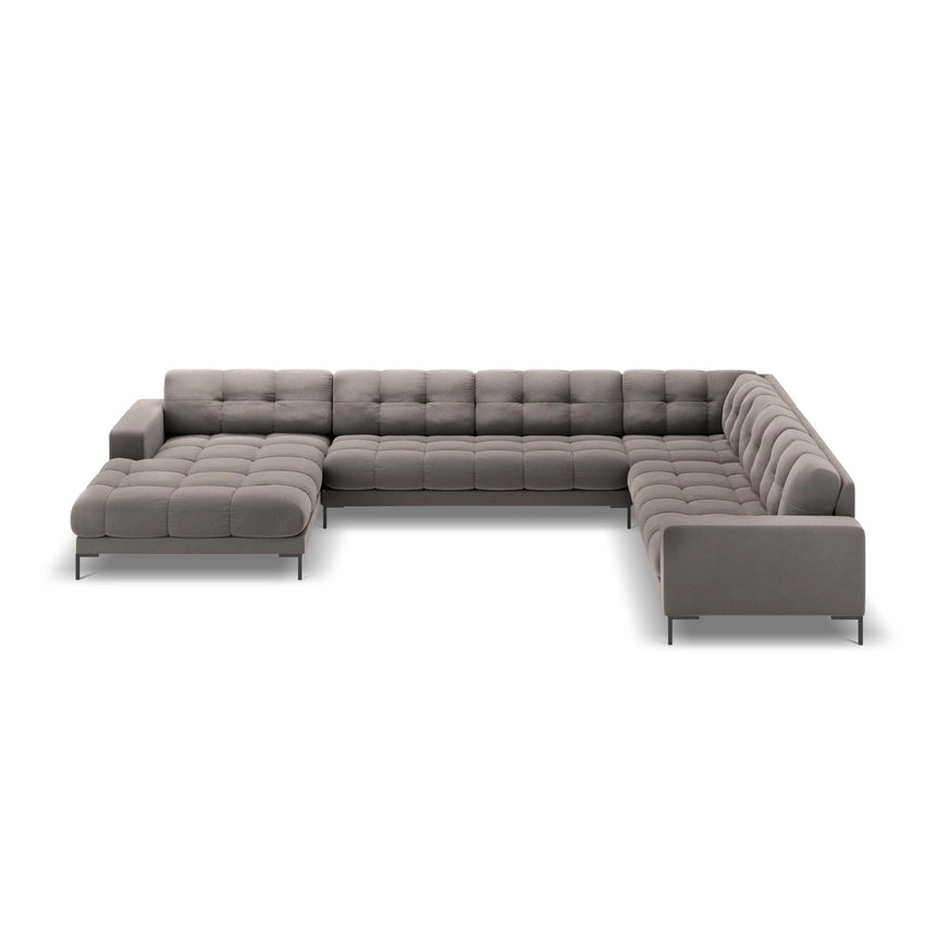 Bali 7-Sitzer Panorama Ecksofa, Rechte Seite, aus Samt in Hellgrau (Bluvel 13), Beine aus Schwarzes Metall, 327x256x75 cm von Cosmopolitan Design – Bild 3
