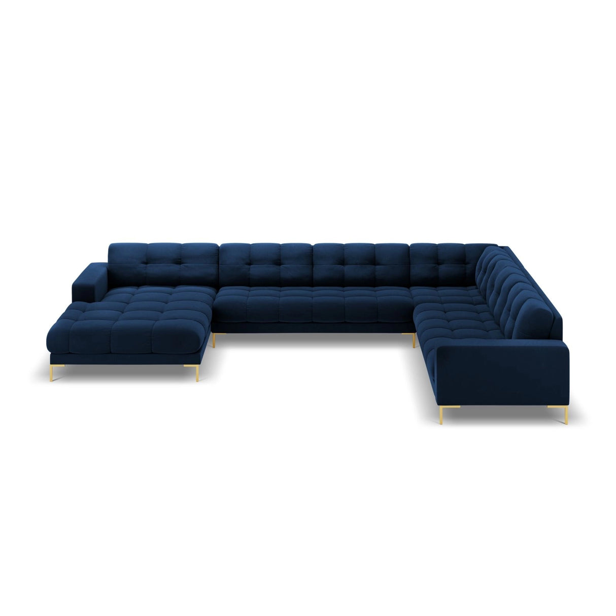 Bali 7-Sitzer Panorama Ecksofa, Rechte Seite, aus Samt in Königsblau (Bluvel 86), Beine aus Goldmetall, 327x256x75 cm von Cosmopolitan Design – Bild 3