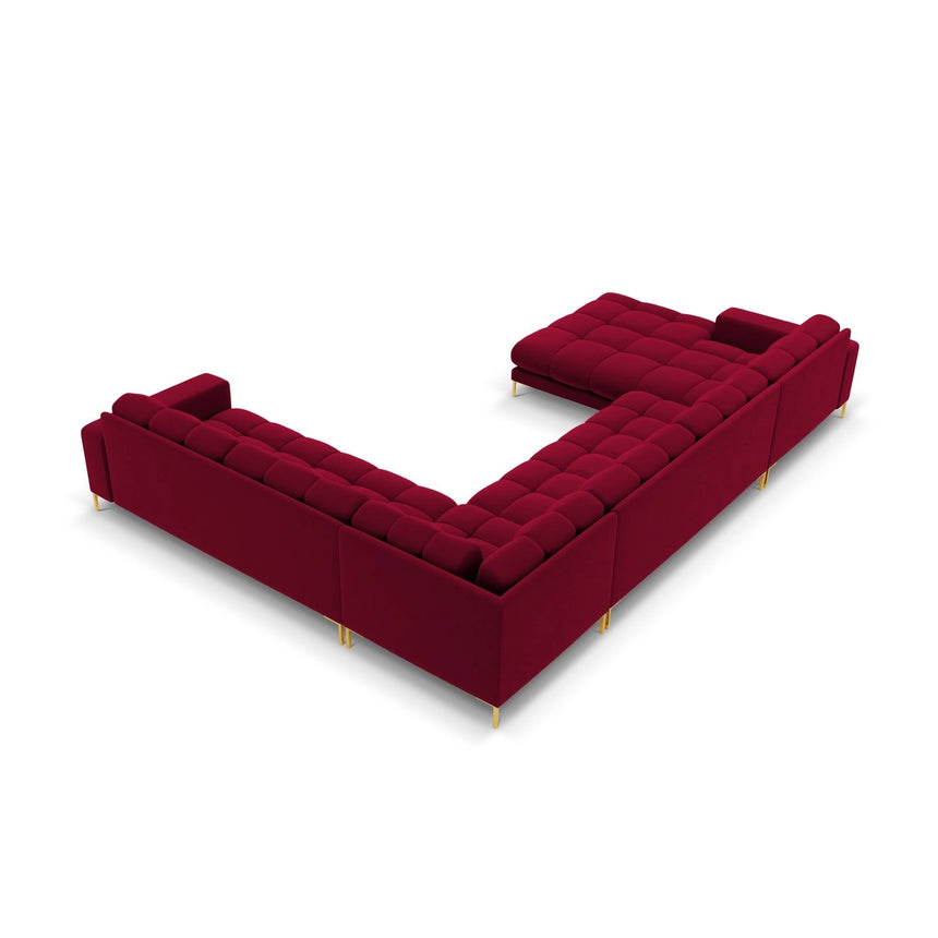 Bali 7-Sitzer Panorama Ecksofa, Rechte Seite, aus Samt in Rot (Bluvel 59), Beine aus Goldmetall, 327x256x75 cm von Cosmopolitan Design – Bild 4