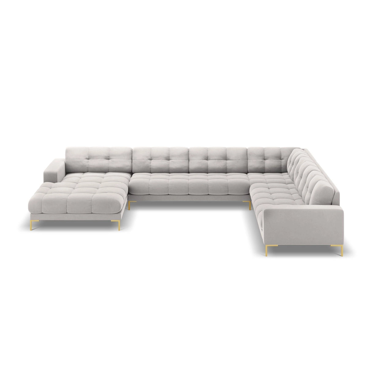 Bali 7-Sitzer Panorama Ecksofa, Rechte Seite, aus Samt in Silber (Bluvel 03), Beine aus Goldmetall, 327x256x75 cm von Cosmopolitan Design – Bild 3
