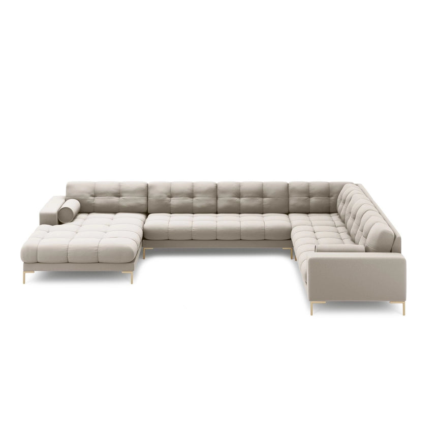 Bali 7-Sitzer Panorama Ecksofa, Rechte Seite, aus Strukturierter Stoff in Beige (Neve 04), Beine aus Goldmetall, 327x256x75 cm von Cosmopolitan Design – Bild 3