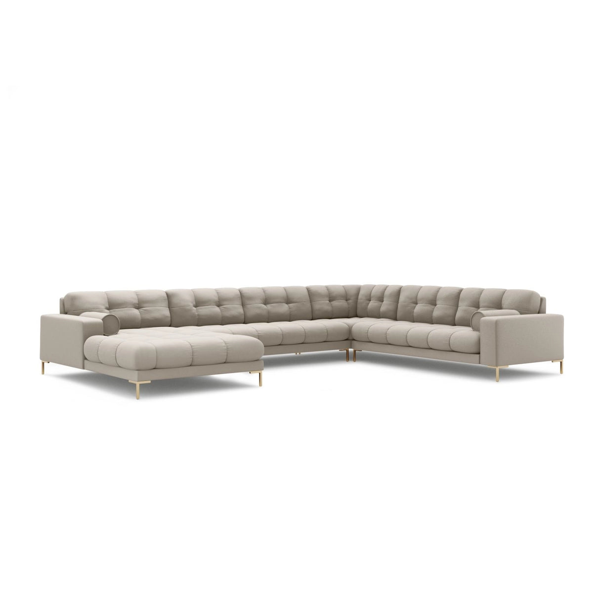 Bali 7-Sitzer Panorama Ecksofa, Rechte Seite, aus Strukturierter Stoff in Beige (Neve 04), Beine aus Goldmetall, 327x256x75 cm von Cosmopolitan Design – Bild 4