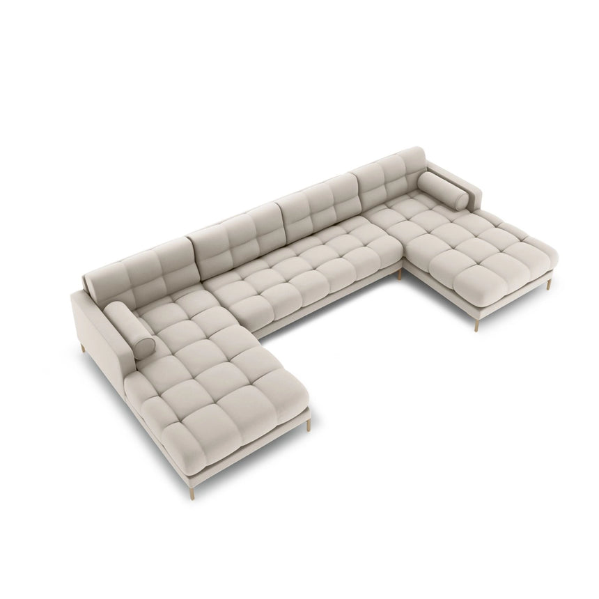 Bali 7-Sitzer Panorama Sofa aus Strukturierter Stoff in Beige (Neve 04), Beine in Goldmetall, 383x185x75 cm von Cosmopolitan Design – Bild 1