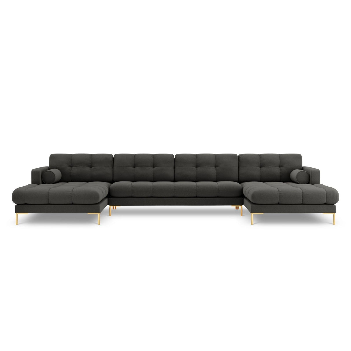 Bali 7-Sitzer Panorama Sofa aus Strukturierter Stoff in Dunkelgrau (Nea 16), Beine in Goldmetall, 383x185x75 cm von Cosmopolitan Design – Bild 1