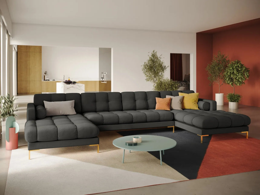 Bali 7-Sitzer Panorama Sofa aus Strukturierter Stoff in Dunkelgrau (Nea 16), Beine in Goldmetall, 383x185x75 cm von Cosmopolitan Design – Bild 2
