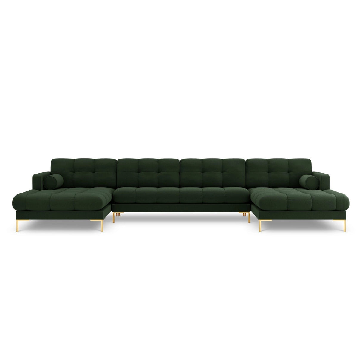 Bali 7-Sitzer Panorama Sofa aus Strukturierter Stoff in Dunkelgrün (Nea 78), Beine in Goldmetall, 383x185x75 cm von Cosmopolitan Design – Bild 1