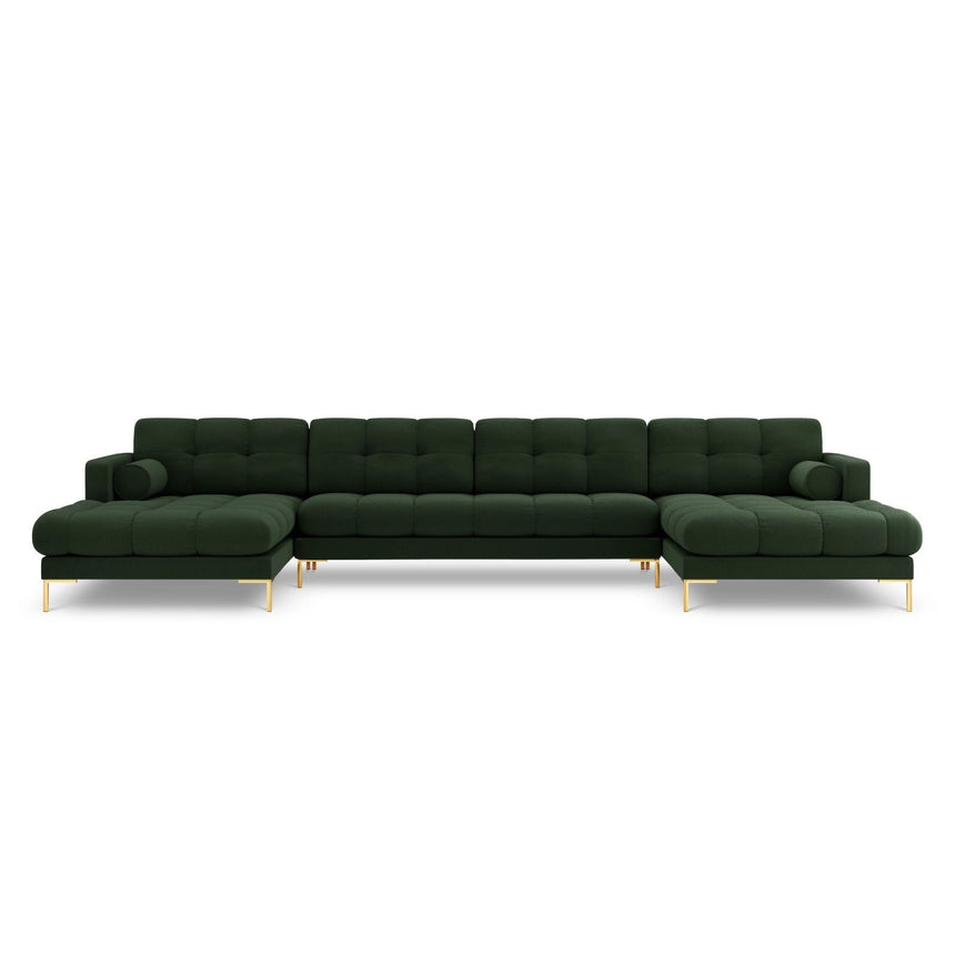 Bali 7-Sitzer Panorama Sofa aus Strukturierter Stoff in Dunkelgrün (Nea 78), Beine in Goldmetall, 383x185x75 cm von Cosmopolitan Design – Bild 1