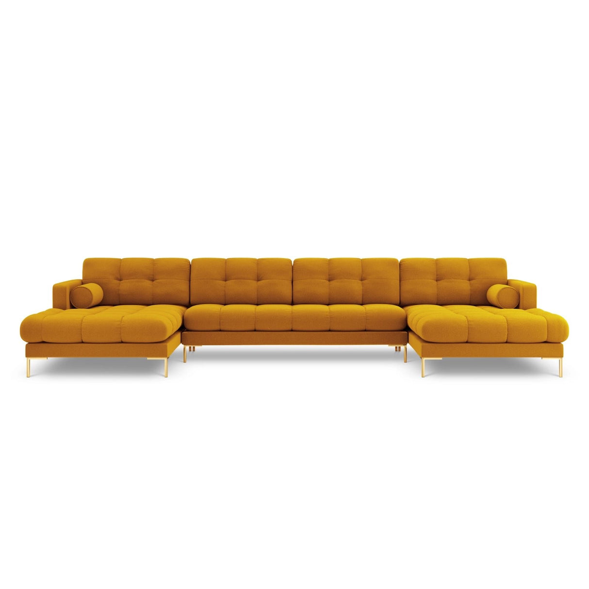 Bali 7-Sitzer Panorama Sofa aus Strukturierter Stoff in Gelb (Nea 66), Beine in Goldmetall, 383x185x75 cm von Cosmopolitan Design – Bild 1
