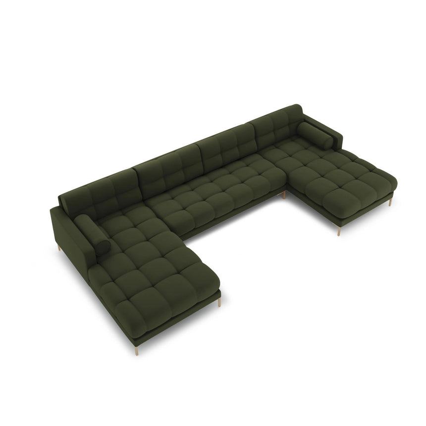 Bali 7-Sitzer Panorama Sofa aus Strukturierter Stoff in Grün (Neve 39), Beine in Goldmetall, 383x185x75 cm von Cosmopolitan Design – Bild 1
