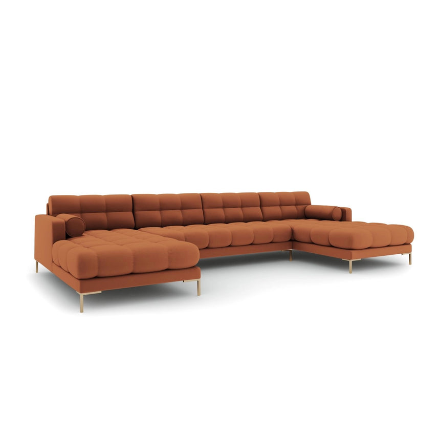 Bali 7-Sitzer Panorama Sofa aus Strukturierter Stoff in Ziegelstein (Neve 52), Beine in Goldmetall, 383x185x75 cm von Cosmopolitan Design – Bild 3