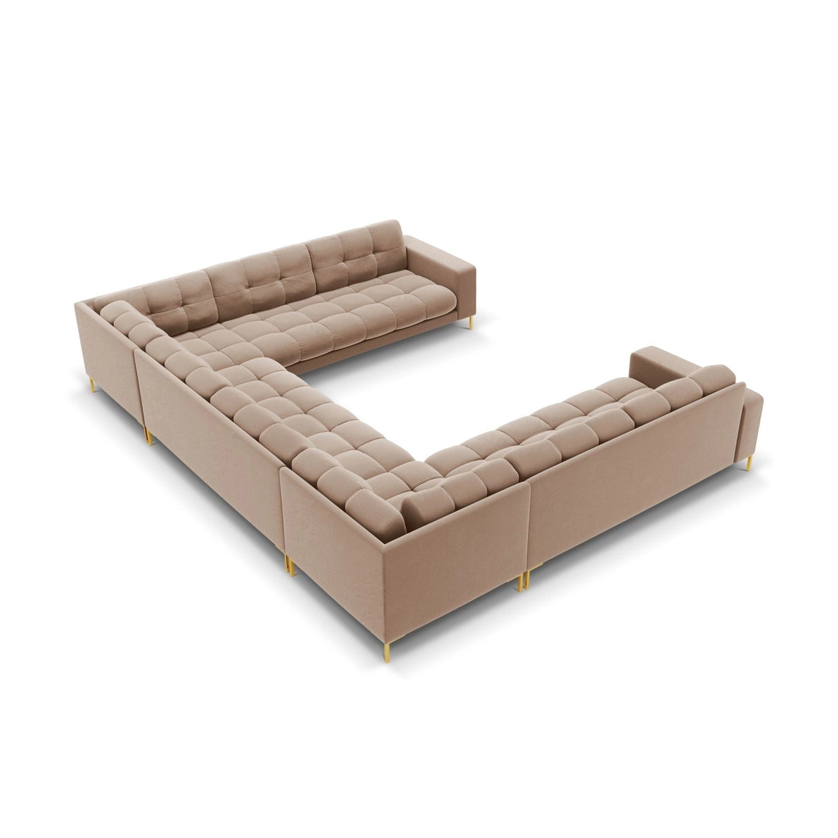 Bali 9-Sitzer Panorama Sofa aus Samt in Beige (Bluvel 28), Beine in Goldmetall, 327x256x75 cm von Cosmopolitan Design – Bild 4