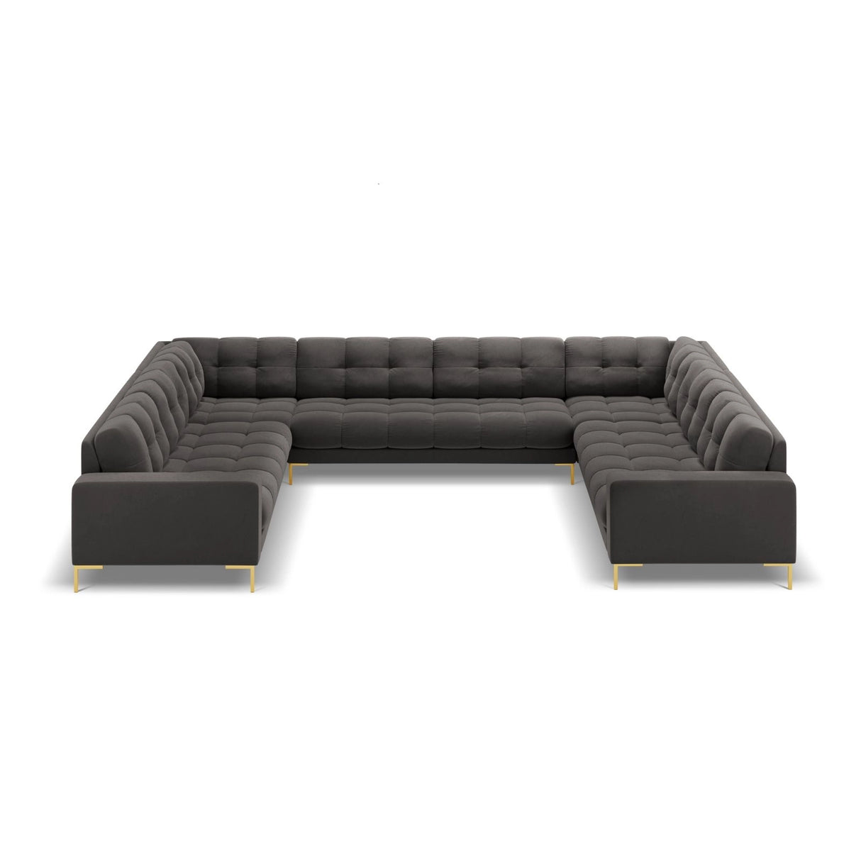 Bali 9-Sitzer Panorama Sofa aus Samt in Dunkelgrau (Bluvel 18), Beine in Goldmetall, 327x256x75 cm von Cosmopolitan Design – Bild 3