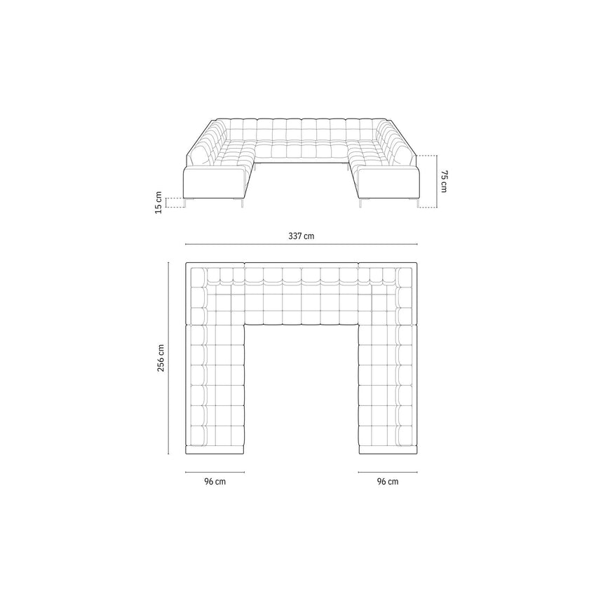 Bali 9-Sitzer Panorama Sofa aus Samt in Flaschengrün (Bluvel 78), Beine in Goldmetall, 327x256x75 cm von Cosmopolitan Design – Bild 2