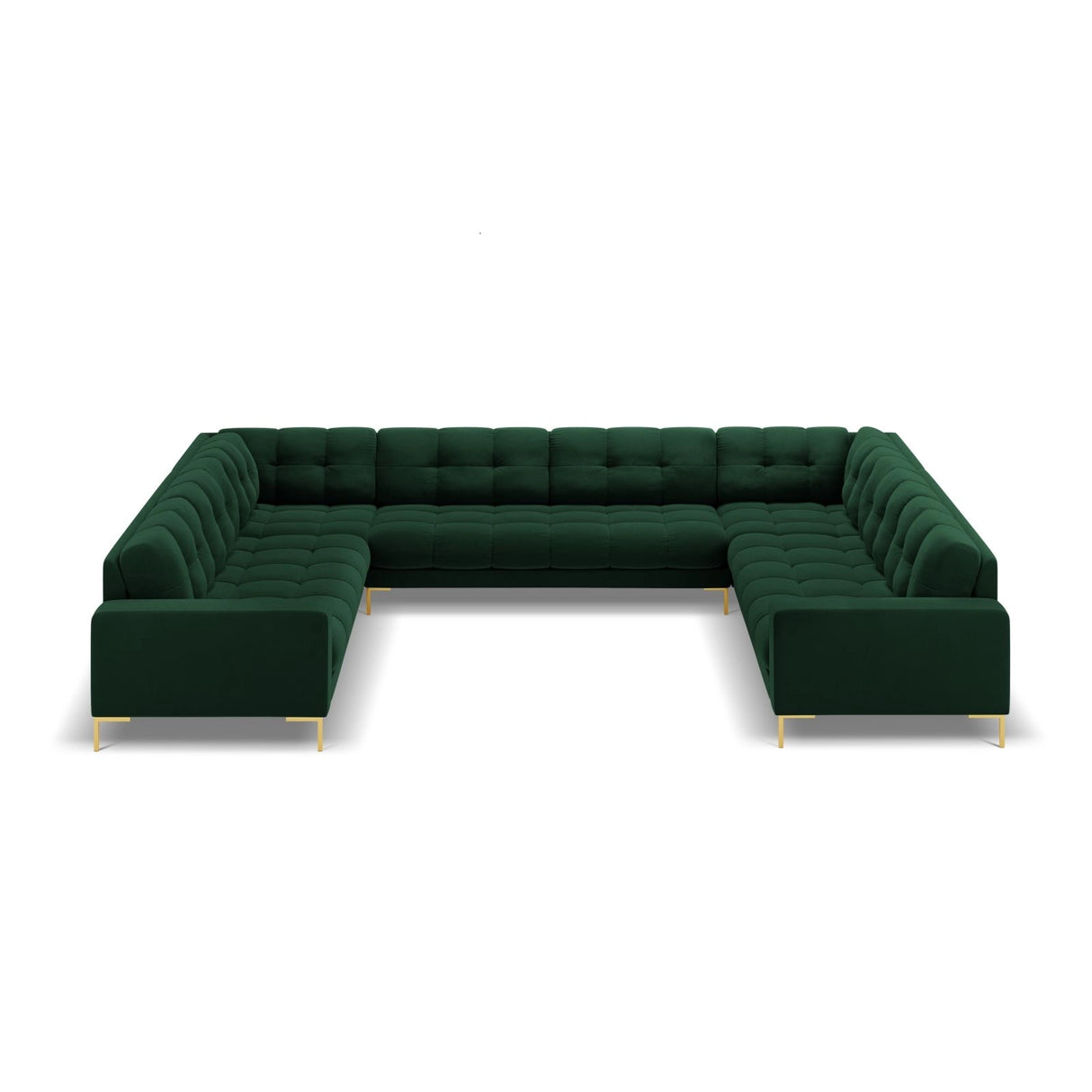 Bali 9-Sitzer Panorama Sofa aus Samt in Flaschengrün (Bluvel 78), Beine in Goldmetall, 327x256x75 cm von Cosmopolitan Design – Bild 3