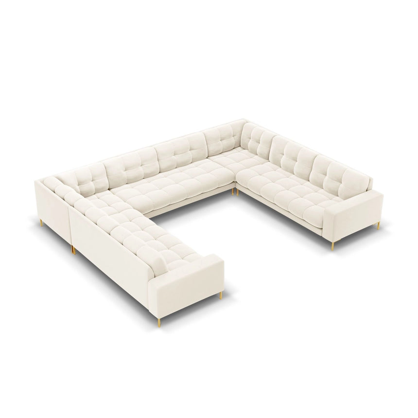 Bali 9-Sitzer Panorama Sofa aus Samt in Hellbeige (Bluvel 22), Beine in Goldmetall, 327x256x75 cm von Cosmopolitan Design – Bild 1