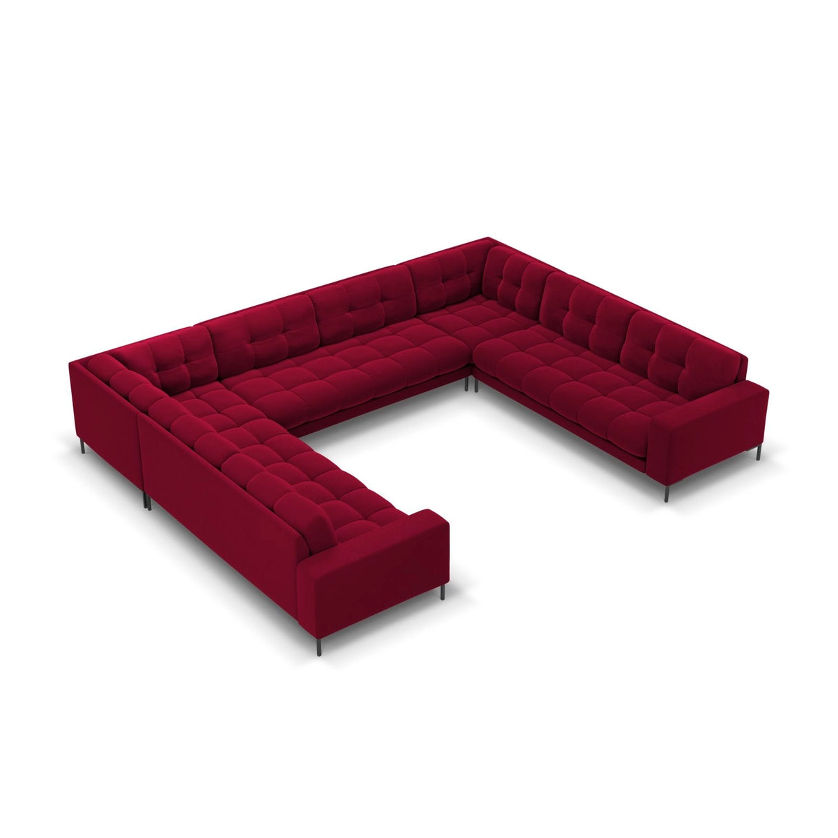 Bali 9-Sitzer Panorama Sofa aus Samt in Rot (Bluvel 59), Beine in Schwarzes Metall, 327x256x75 cm von Cosmopolitan Design – Bild 1