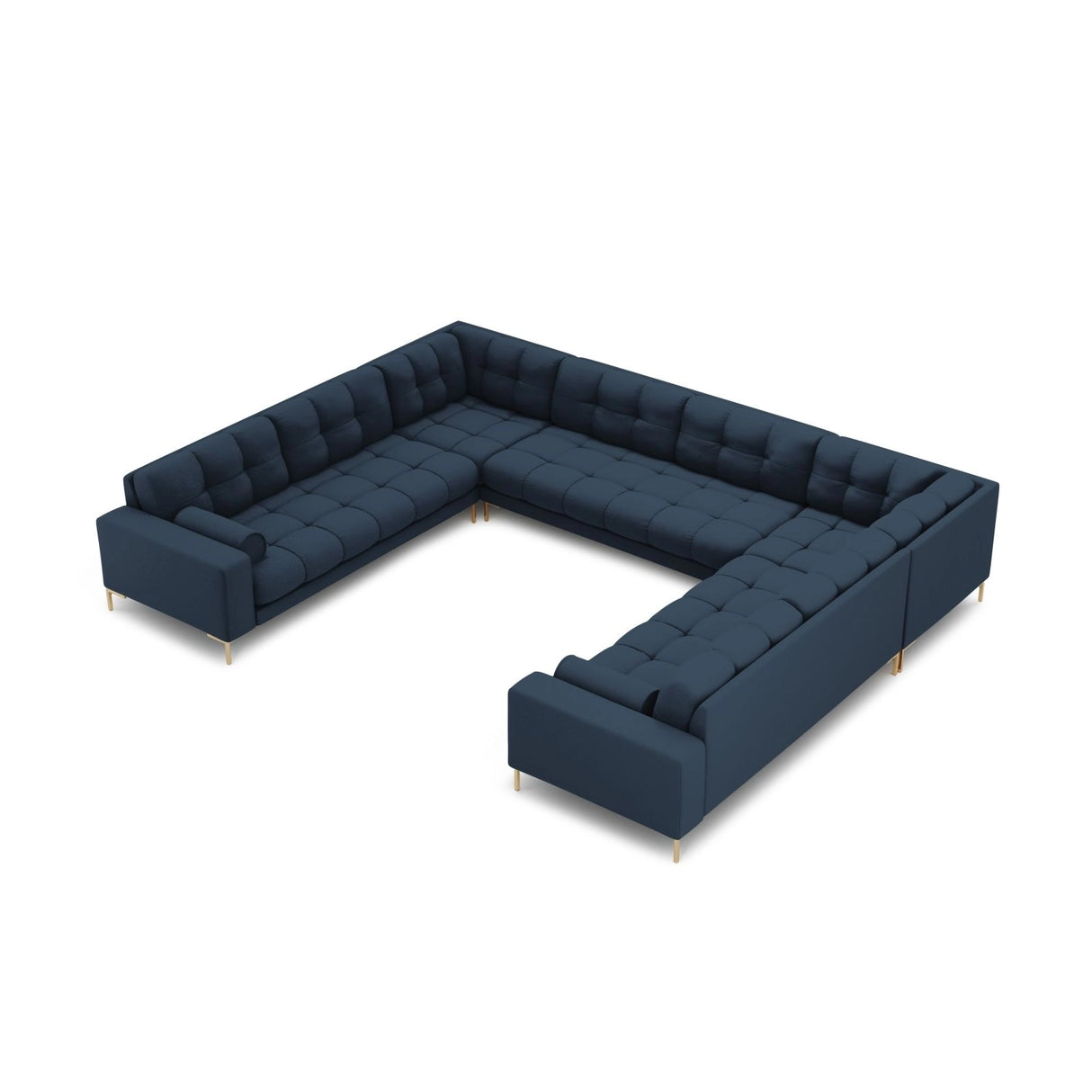 Bali 9-Sitzer Panorama Sofa aus Strukturierter Stoff in Blau (Neve 77), Beine in Goldmetall, 327x256x75 cm von Cosmopolitan Design – Bild 1