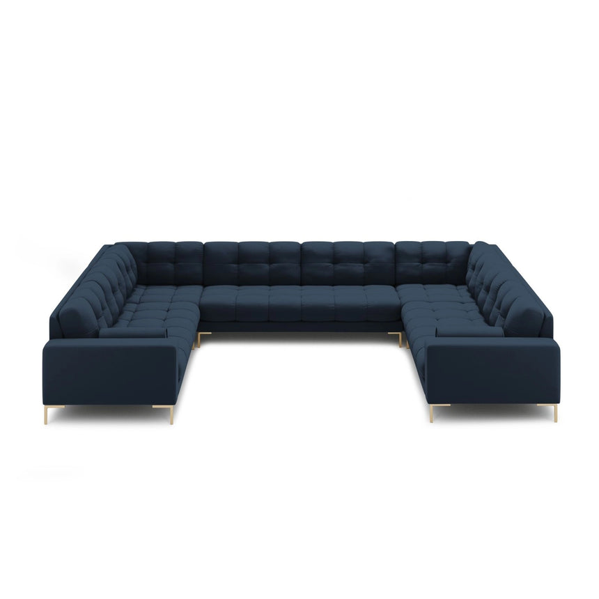 Bali 9-Sitzer Panorama Sofa aus Strukturierter Stoff in Blau (Neve 77), Beine in Goldmetall, 327x256x75 cm von Cosmopolitan Design – Bild 3