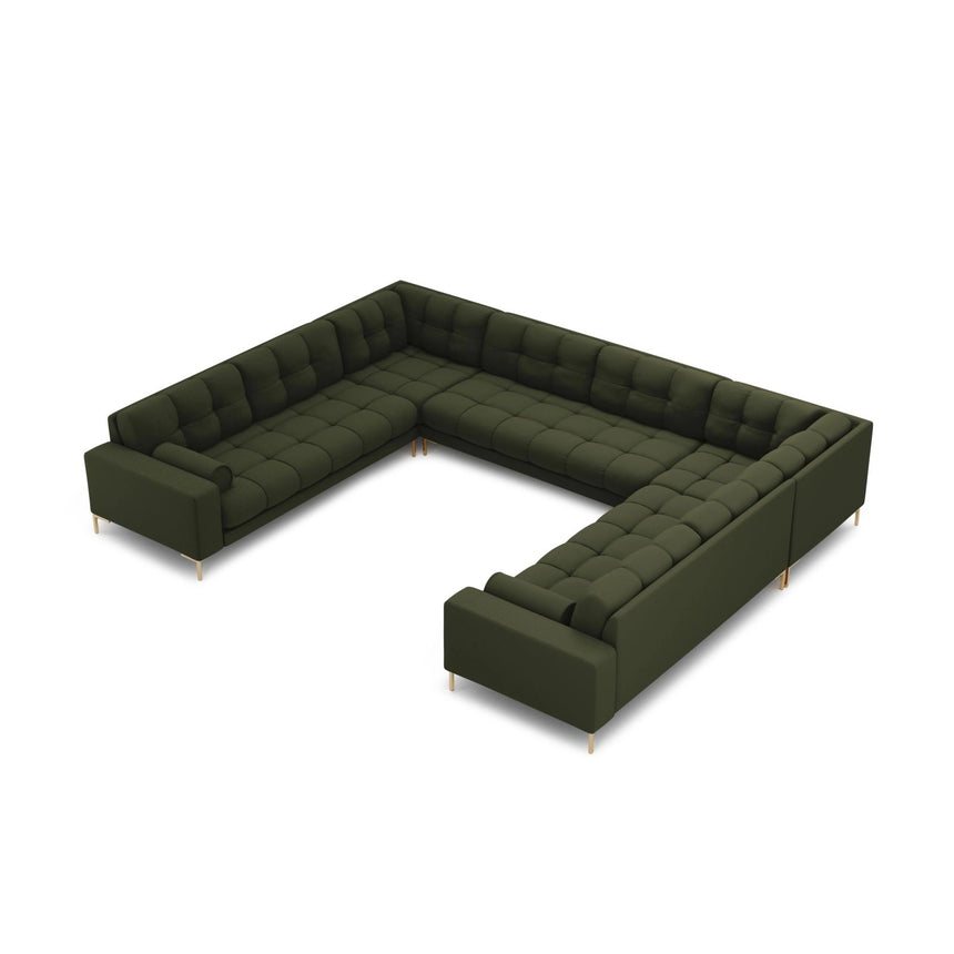 Bali 9-Sitzer Panorama Sofa aus Strukturierter Stoff in Grün (Neve 39), Beine in Goldmetall, 327x256x75 cm von Cosmopolitan Design – Bild 1