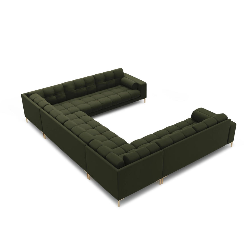 Bali 9-Sitzer Panorama Sofa aus Strukturierter Stoff in Grün (Neve 39), Beine in Goldmetall, 327x256x75 cm von Cosmopolitan Design – Bild 4
