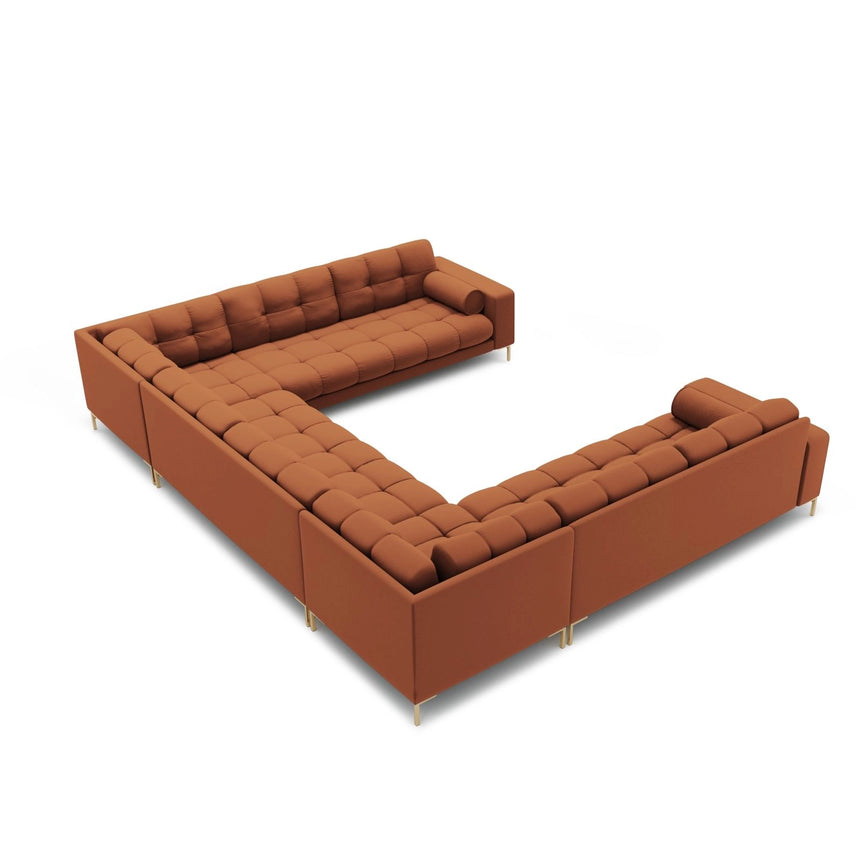 Bali 9-Sitzer Panorama Sofa aus Strukturierter Stoff in Ziegelstein (Neve 52), Beine in Goldmetall, 327x256x75 cm von Cosmopolitan Design – Bild 4
